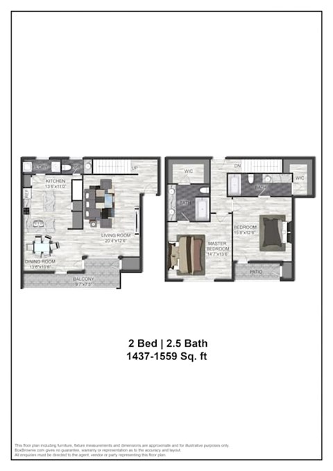 Floor plan for 2 beds, 2.5 baths, 1532 sqft